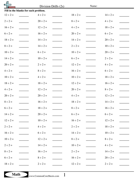 Math Drills Worksheets - Division Drills (2s) worksheet